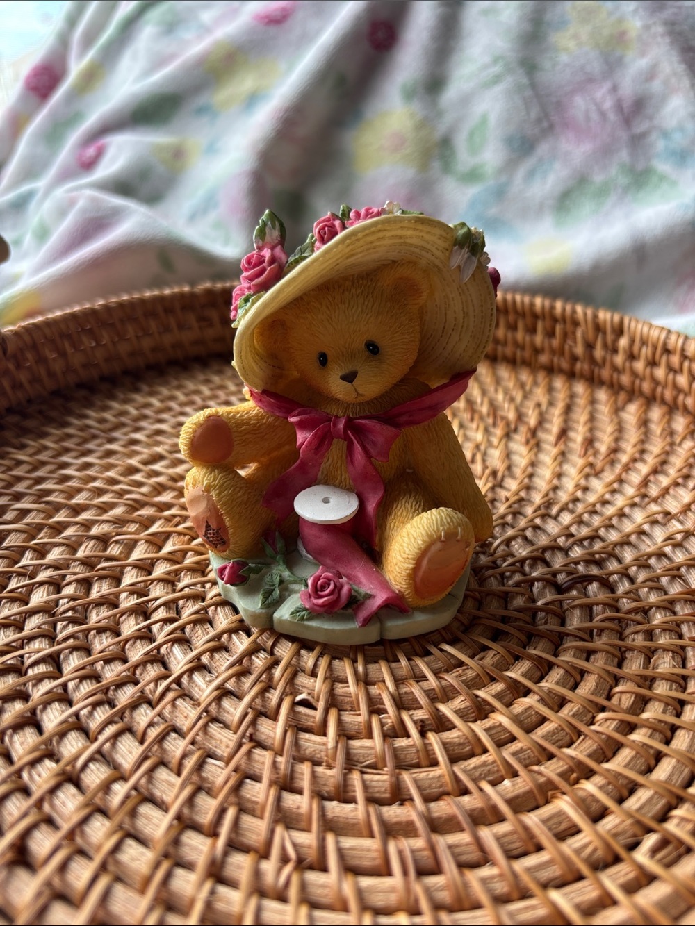 Cherished Teddies Brown Bear Figurine with Pink Hat and Bow Accents